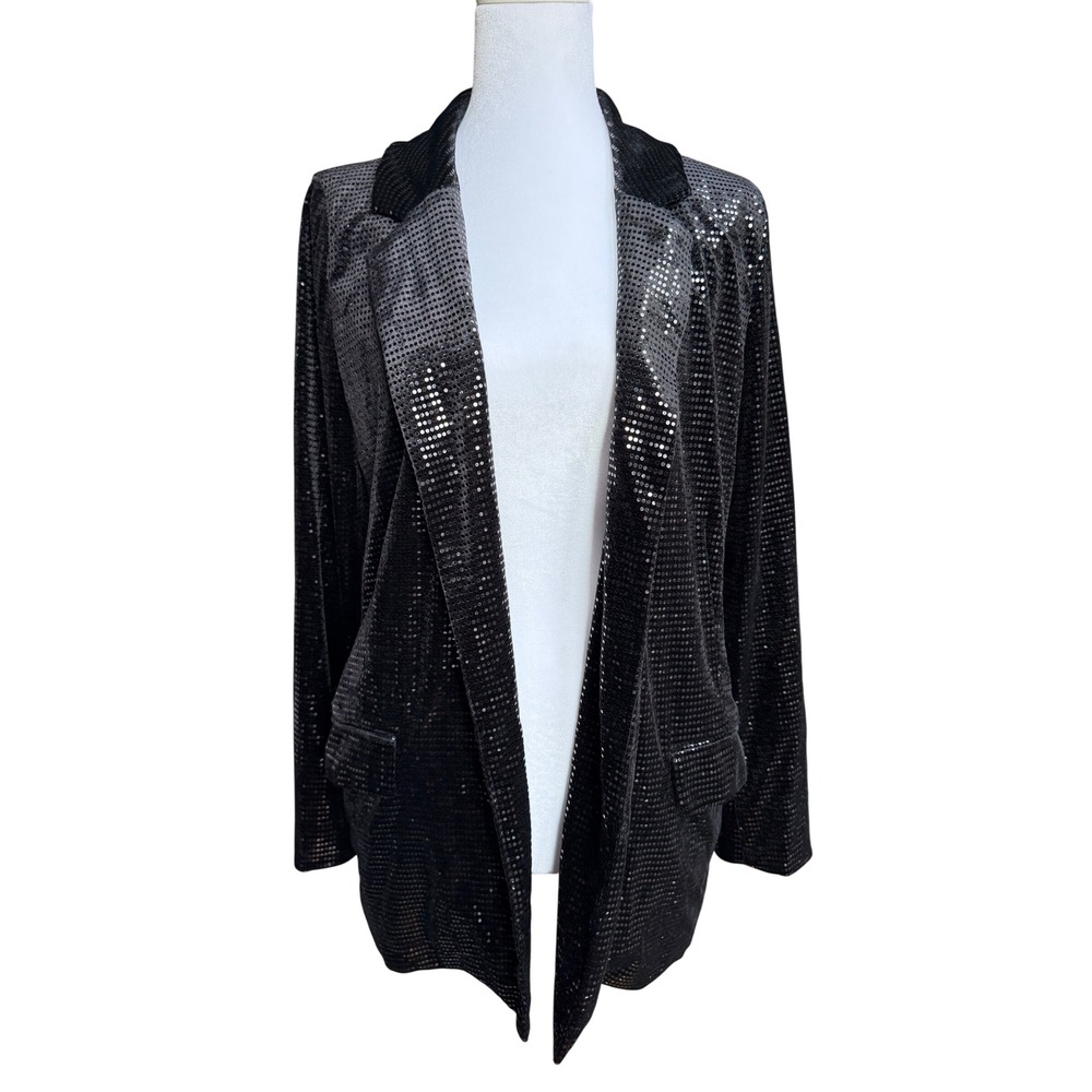 Bishop + Young Black Sequin Blazer Longline Open Front Jacket K6CJK2429 Small